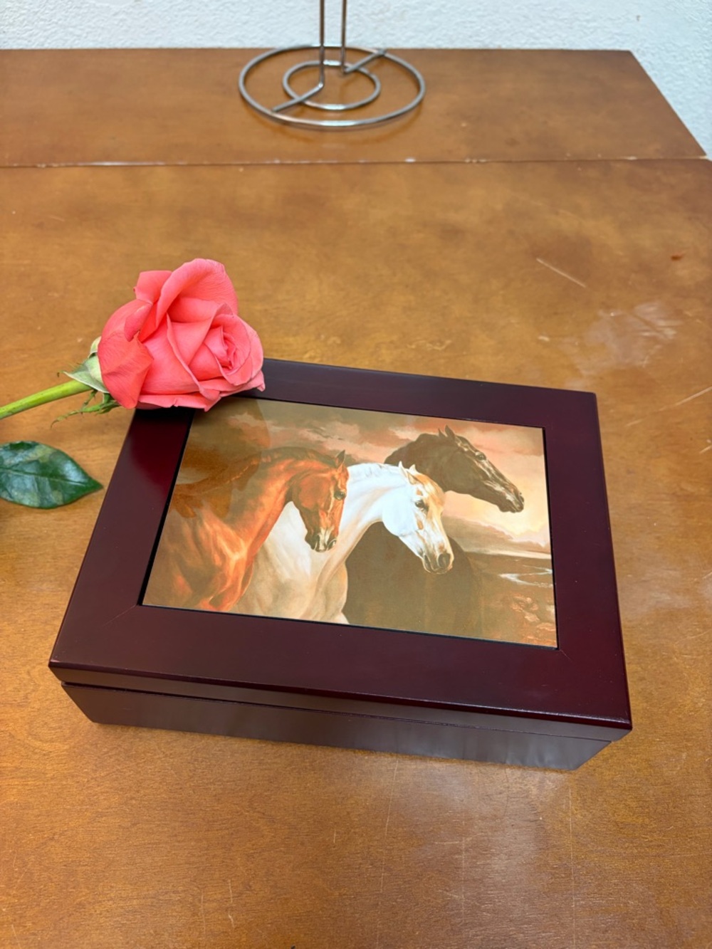 Vinegar Home Interiors cherry Red Jewelry Box with Horse Western Artwork Decor